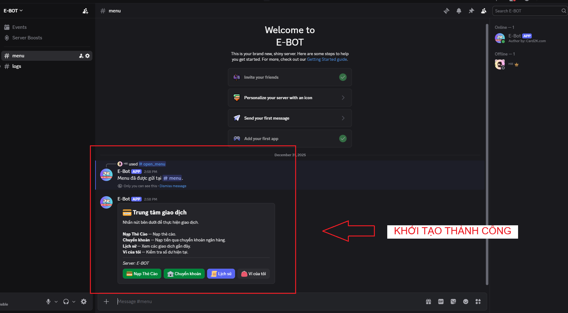 Khởi tạo thành công menu